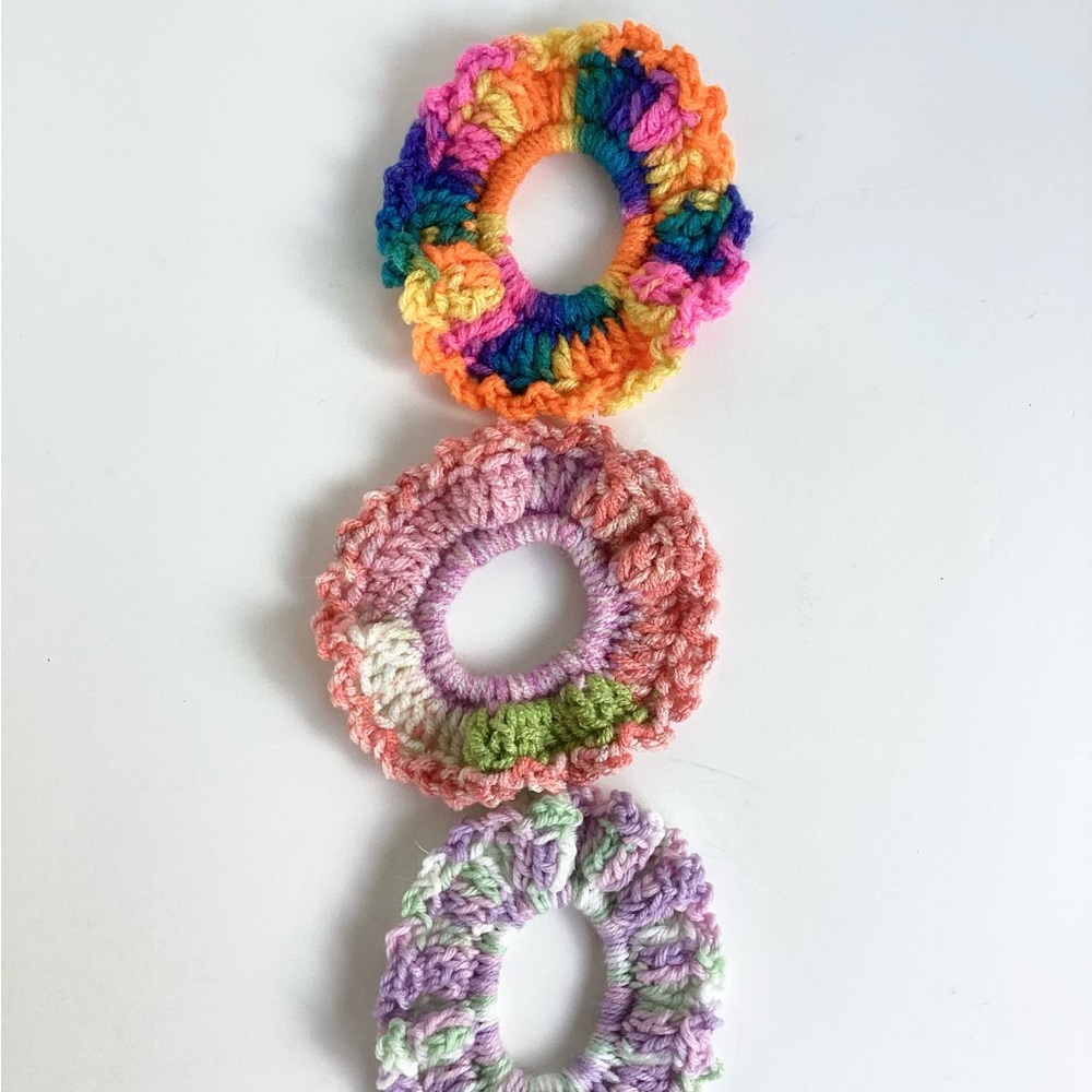 Hair Scrunchy Set Hand Crafted Colorful Spring Summer Crochet Purple Green - Picture 4 of 13